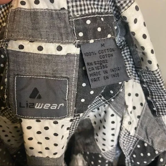 Vintage Liz Claiborne LizWear Black/Gray/White Patchwork Snap Button Shirt - Med - Picture 5 of 5